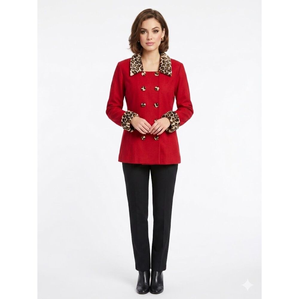 Women's Red Double-Breasted Jacket with Leopard Trim Vintage David Benjamin 14